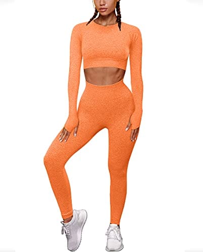 OYS Women's 2 Piece Tracksuit Workout Outfits Seamless High Waist Leggings Sports Long Sleeve Gym Sets Orange