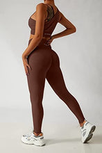 Load image into Gallery viewer, QINSEN Women&#39;s Workout Outfit 2 Pieces Seamless Yoga Leggings Padded Sport Bra Athletic Set Brown M
