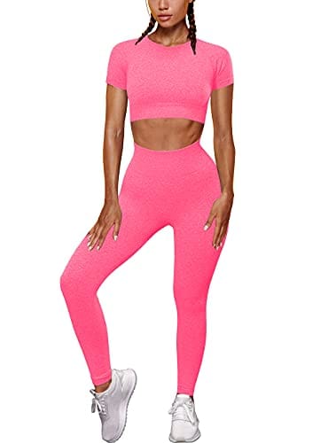 OYS Womens Yoga 2 Pieces Workout Outfits Seamless High Waist Leggings Sports Crop Top Running Sets Small, Rose
