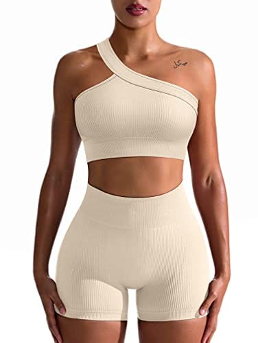 OQQ Workout Outfits for Women 2 Piece Seamless Ribbed High Waist Leggings with Sports Bra Exercise Set Beige5