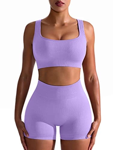 OQQ Workout Outfits for Women 2 Piece Seamless Ribbed High Waist Leggings with Sports Bra Exercise Set Lavender