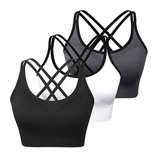 WOYYHO Padded Strappy Sports Bras for Women Wire-Free Seamless Comfy Activewear Workout Bra Pack of 3
