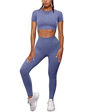 Load image into Gallery viewer, OYS Womens Yoga 2 Pieces Workout Outfits Seamless High Waist Leggings Sports Crop Top Running Sets Blue Grey
