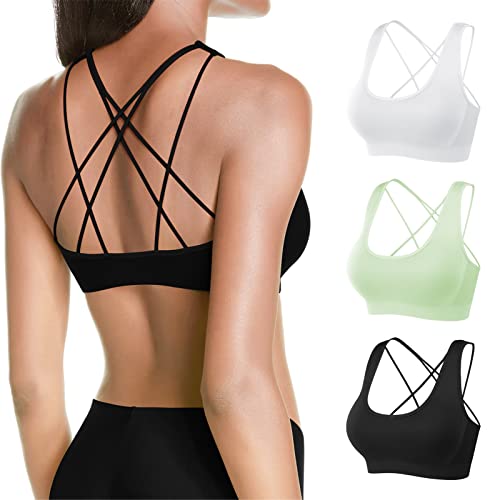 MOVINOW Sports Bra Seamless Padded Strappy Sports Bras for Women Yoga Bra Workout Removable Cups 3 Pack White Green Black