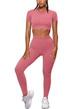 Load image into Gallery viewer, OYS Womens Yoga 2 Pieces Workout Outfits Seamless High Waist leggings Sports Crop Top Running Sets Pink
