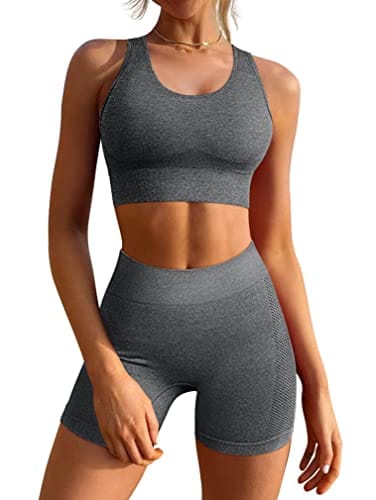 GXIN Women's Workout 2 Piece Outfit Sleeveless Running Yoga Bra Seamless High Waist Sports Shorts Set Grey