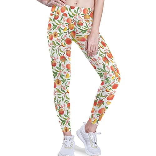 visesunny High Waist Yoga Pants with Pockets Peach Tropic Fruit Leaf Flower Tummy Control Workout Running Yoga Leggings for Women
