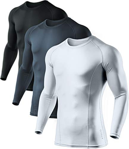 ATHLIO Men's UPF 50+ Long Sleeve Compression Shirts, Water Sports Rash Guard Base Layer, Athletic Workout Shirt, 3pack Black/Charcoal/White, X-Large