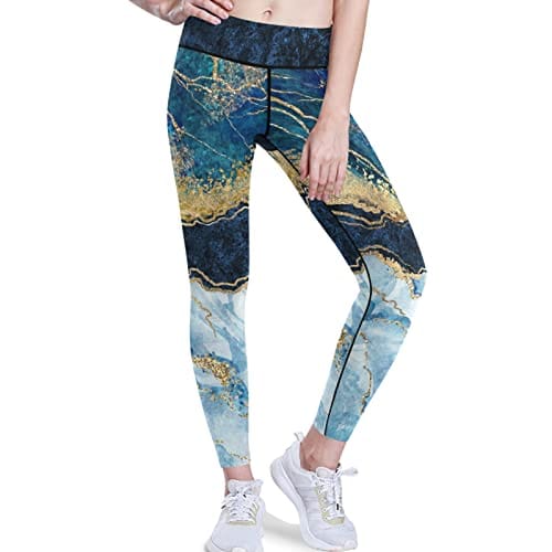visesunny High Waist Yoga Pants with Pockets Blue Marble Pattern Gold Foil Glitter Decor Buttery Soft Tummy Control Running Workout Pants 4 Way Stretch Pocket Leggings