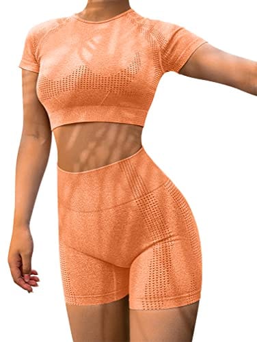 HYZ Women's High Waist Seamless Bodycon 2 Piece Outfits Yoga Workout Basic Crop Top with Shorts Orange