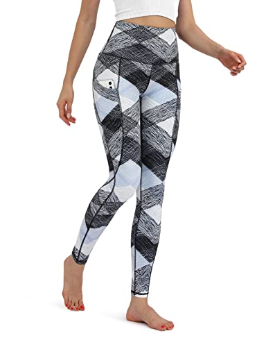 ODODOS Women's High Waisted Pattern Leggings with Pockets, Tummy Control Non See Through Athletic Workout Running Yoga Legging Pants, SketchedChevronSkyBlue, Large