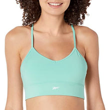 Load image into Gallery viewer, Reebok Women&#39;s Standard Tri-Back Sports Bra, Light Support, Semi Classic Teal/Small White Logo, 30A
