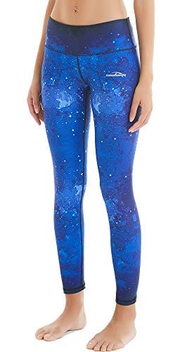 COOLOMG Women's Yoga Running Pants Printed Compression Leggings Workout Tights Hidden Pocket Sky Small