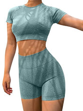 Load image into Gallery viewer, HYZ Yoga 2 Piece Outfits Workout Running Crop Top Seamless High Waist Shorts Sets DarkGreen
