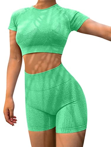 HYZ Women's High Waist Seamless Bodycon 2 Piece Outfits Yoga Workout Basic Crop Top with Shorts Mintgreen