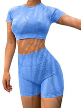 Load image into Gallery viewer, HYZ Yoga 2 Piece Outfits Workout Running Crop Top Seamless High Waist Shorts Sets Blue

