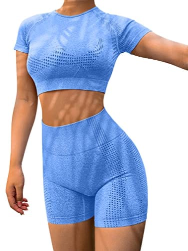 HYZ Yoga 2 Piece Outfits Workout Running Crop Top Seamless High Waist Shorts Sets Blue