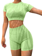 Load image into Gallery viewer, HYZ Women&#39;s High Waist Seamless Bodycon 2 Piece Outfits Yoga Workout Basic Crop Top with Shorts Green
