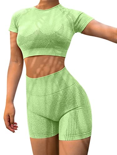 HYZ Women's High Waist Seamless Bodycon 2 Piece Outfits Yoga Workout Basic Crop Top with Shorts Green