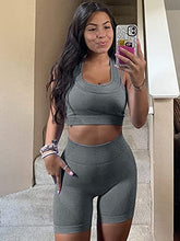 Load image into Gallery viewer, GXIN Seamless Workout Sets For Women 2 Piece Yoga Crop Tank Top + Sports Shorts Tracksuits Grey
