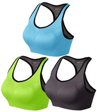 Load image into Gallery viewer, Match Womens Sports Bra Wirefree Seamless Padded Racerback Yoga Bra for Workout Gym Activewear with Removable Pads #001(1 Pack of 3(Bright Green-Gray Brown-Sky Blue),S)
