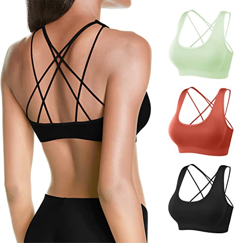 MOVINOW Sports Bra Seamless Padded Strappy Sports Bras for Women Yoga Bra Workout Removable Cups 3 Pack Green Black Orange Clay M