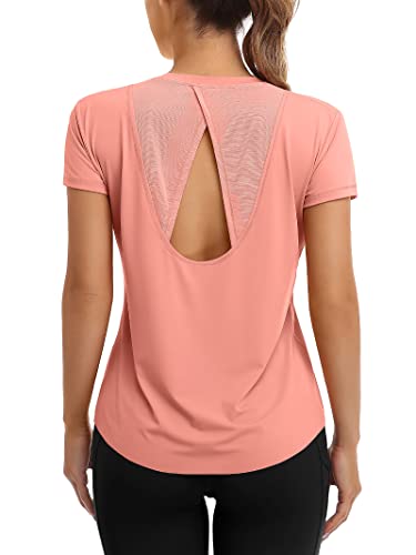 ATTRACO Open Back Yoga Shirts for Women Loose Fit Short Sleeve Exercise Gym Tops Coral