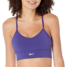 Load image into Gallery viewer, Reebok Women&#39;s Standard Tri-Back Sports Bra, Light Support, Bold Purple/Small White Logo, 30A
