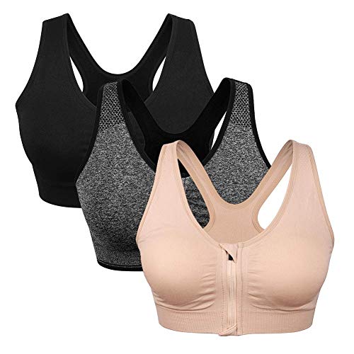 Women's Zip Front Sports Bra Wireless Post-Surgery Bra Active Yoga Sports Bras Mastectomy Bras for Women(X-Large, 3 Pack(Black+Grey+Flesh))