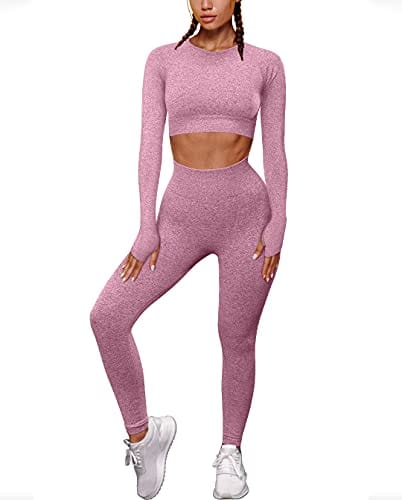 OYS Women's 2 Piece Tracksuit Workout Outfits Seamless High Waist Leggings Sports Long Sleeve Gym Sets Fuchsia