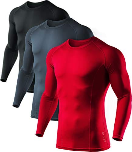 ATHLIO CLSX Men's UPF 50+ Long Sleeve Compression Shirts, Water Sports Rash Guard Base Layer, Athletic Workout Shirt, 3pack Black/Charcoal/Red, Medium