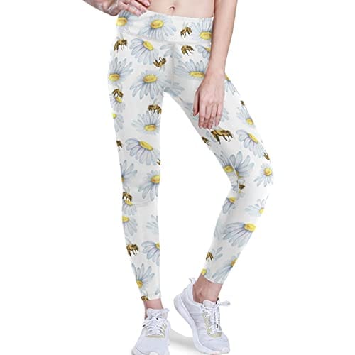 visesunny High Waist Yoga Pants with Pockets Flower Chamomile and Bee Buttery Soft Tummy Control Running Workout Pants 4 Way Stretch Pocket Leggings