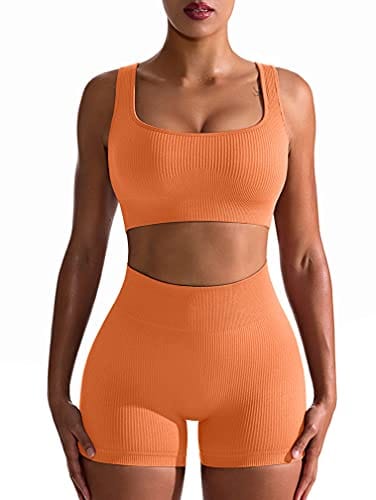 OQQ Workout Outfits for Women 2 Piece Seamless Ribbed High Waist Leggings with Sports Bra Exercise Set Orange