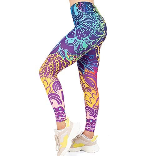 High Waisted Seamless Workout Leggings - Women?s Mandala Printed Yoga Leggings, Tummy Control Running Pants, Blue, One Size
