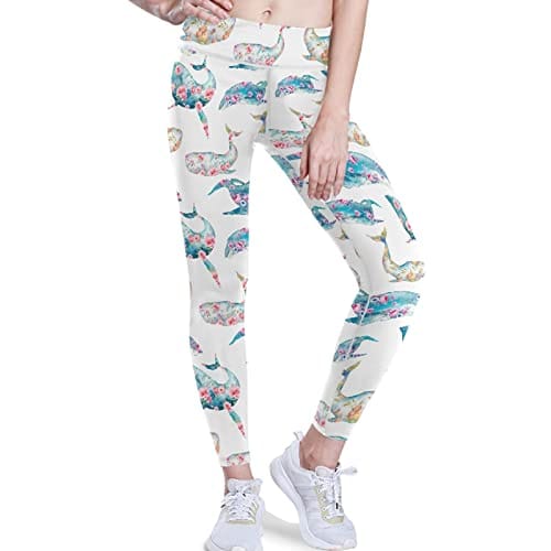 visesunny High Waist Yoga Pants with Pockets Blue Whale with Peony Floral Soft Tummy Control Workout Leggings