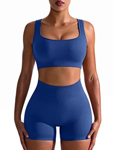 OQQ Workout Outfits for Women 2 Piece Seamless Ribbed High Waist Leggings with Sports Bra Exercise Set Darkgreen