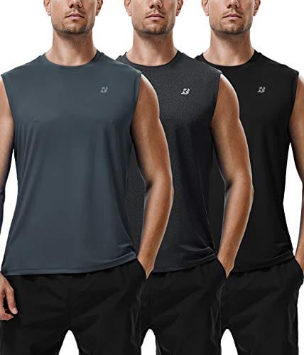 Roadbox Workout Sleeveless Shirts for Men Athletic Gym Basketball Quick Dry Muscle Tank Tops(Black+Grey+Black Heather, S)