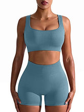 Load image into Gallery viewer, OQQ Workout Outfits for Women 2 Piece Seamless Ribbed High Waist Leggings with Sports Bra Exercise Set Blue
