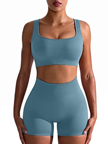 OQQ Workout Outfits for Women 2 Piece Seamless Ribbed High Waist Leggings with Sports Bra Exercise Set Blue