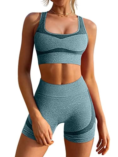 GXIN Women's Workout 2 Piece Outfits High Waist Running Shorts Yoga Sports Racerback Bra Sets Darkgreen