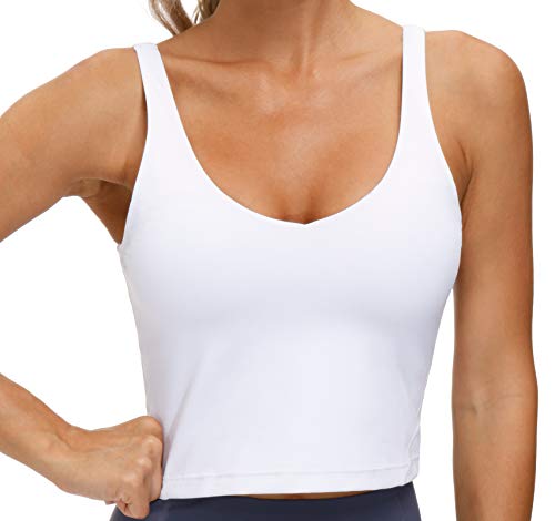 Women’s Longline Sports Bra Wirefree Padded Medium Support Yoga Bras Gym Running Workout Tank Tops (White, Large)
