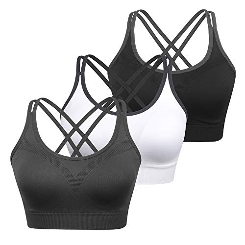 3 Pack Sports Bras for Women Medium Support Yoga Bra Strappy Cross Back Workout Tops with Removable Pads