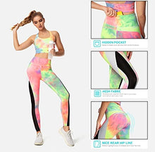 Load image into Gallery viewer, QUEENIEKE Women Yoga Pants Color Blocking Mesh Workout Running Leggings Tights Size XS Color Pink &amp; Yellow Tie-dye
