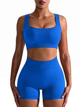 Load image into Gallery viewer, OQQ Workout Outfits for Women 2 Piece Seamless Ribbed High Waist Leggings with Sports Bra Exercise Set Blue2
