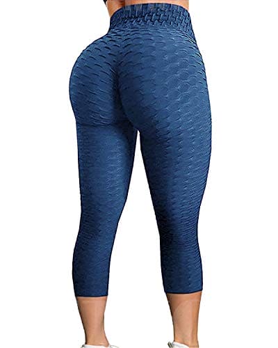 FITTOO Women's High Waist Textured Yoga Pants Tummy Control Scrunched Booty Capri Leggings Workout Running Butt Lift Textured Tights Navy