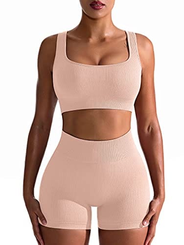 OQQ Workout Outfits for Women 2 Piece Seamless Ribbed High Waist Leggings with Sports Bra Exercise Set Fleshpink