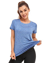 Load image into Gallery viewer, Abrooical Gym Wear Womens Short Sleeve Training Tops Workout Running Wicking Shirts Breathable Side Split Tees Blue Large
