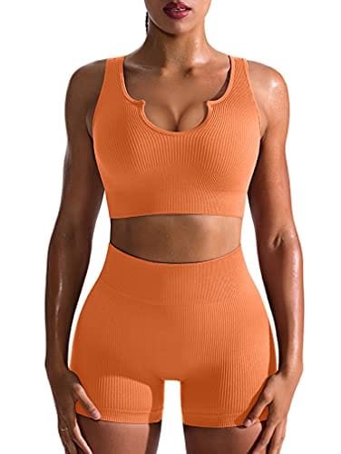 OQQ Workout Outfits for Women 2 Piece Seamless Ribbed High Waist Leggings with Sports Bra Exercise Set Orange1