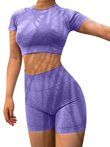 HYZ Yoga 2 Piece Outfits Workout Running Crop Top Seamless High Waist Shorts Sets purple