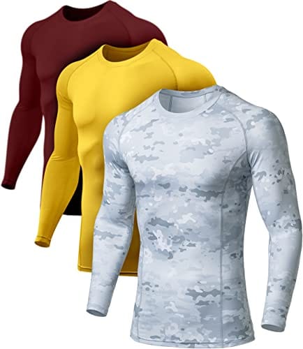 ATHLIO Men's UPF 50+ Long Sleeve Compression Shirts, Water Sports Rash Guard Base Layer, Athletic Workout Shirt, 3pack Arctic Camo/Brick/Yellow, Medium